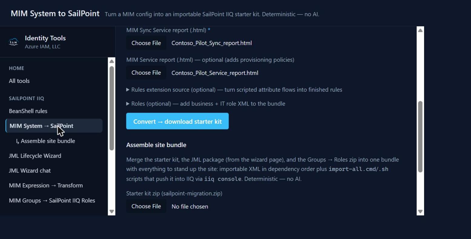 The migration tool with both Contoso Pilot documenter reports staged, ready to convert, above the Assemble site bundle step
