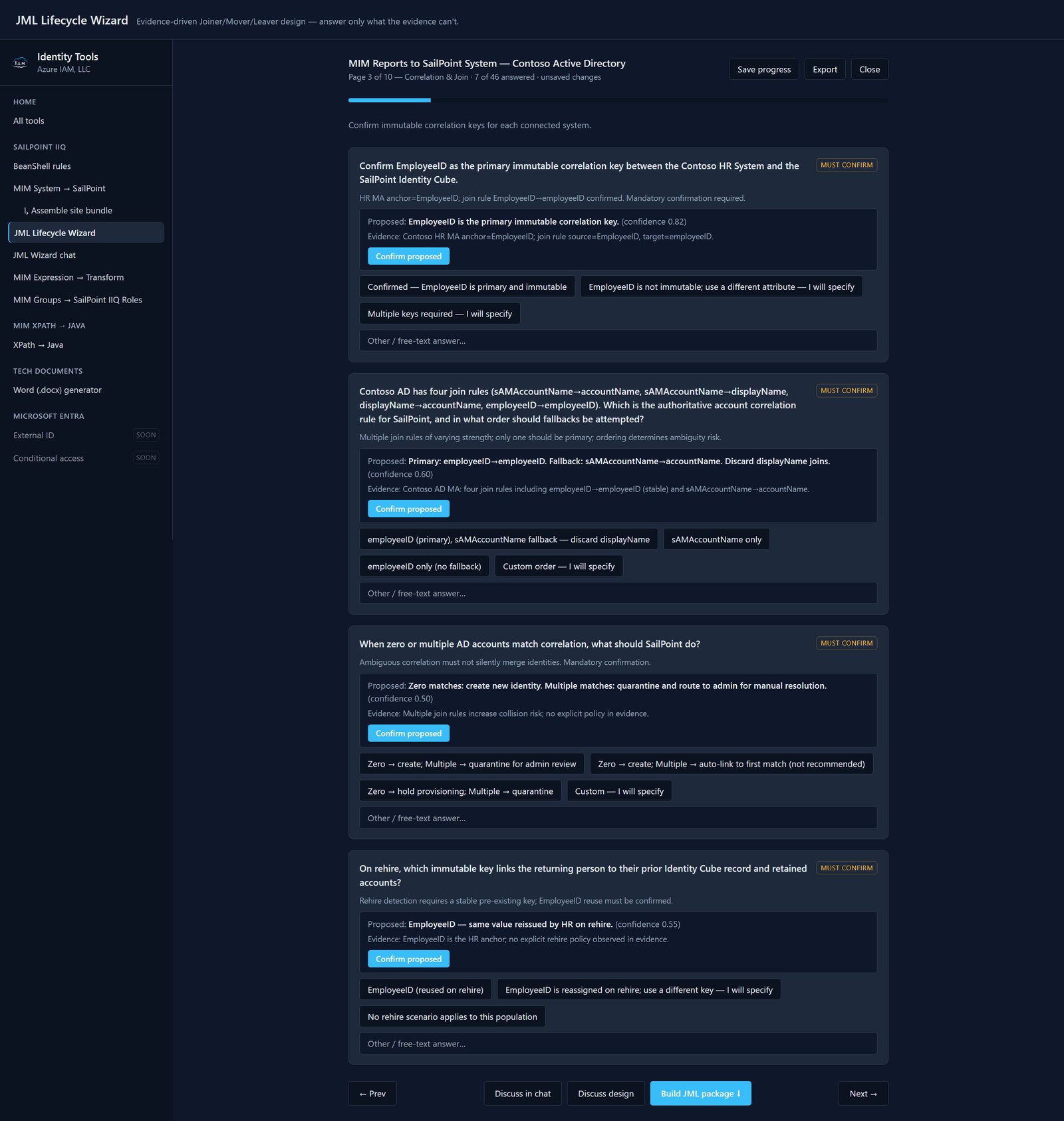 The lifecycle wizard on the correlation and join page, listing the four join rules found in the Contoso AD management agent and asking which is authoritative