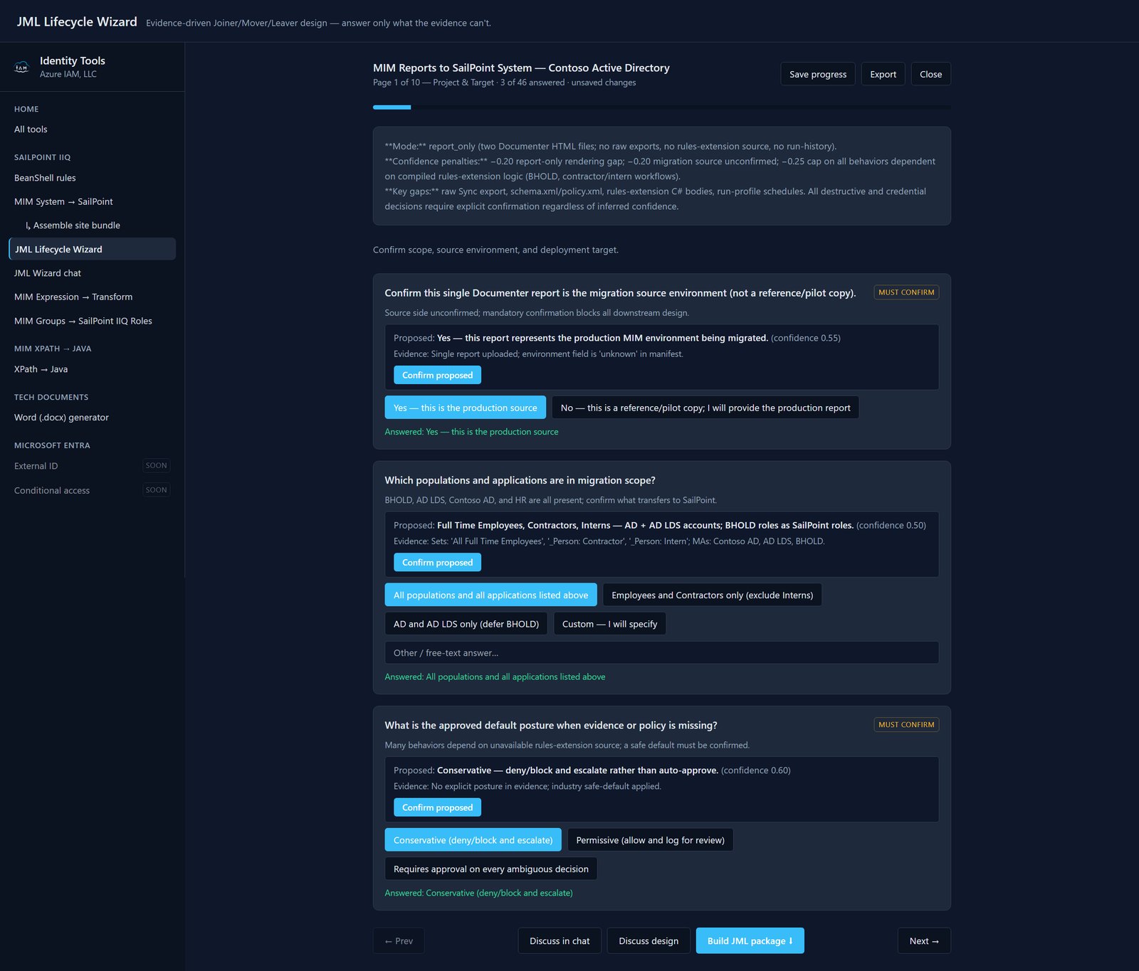 The lifecycle wizard scope page showing proposed answers with confidence scores, the evidence each was inferred from, and the confidence penalties applied